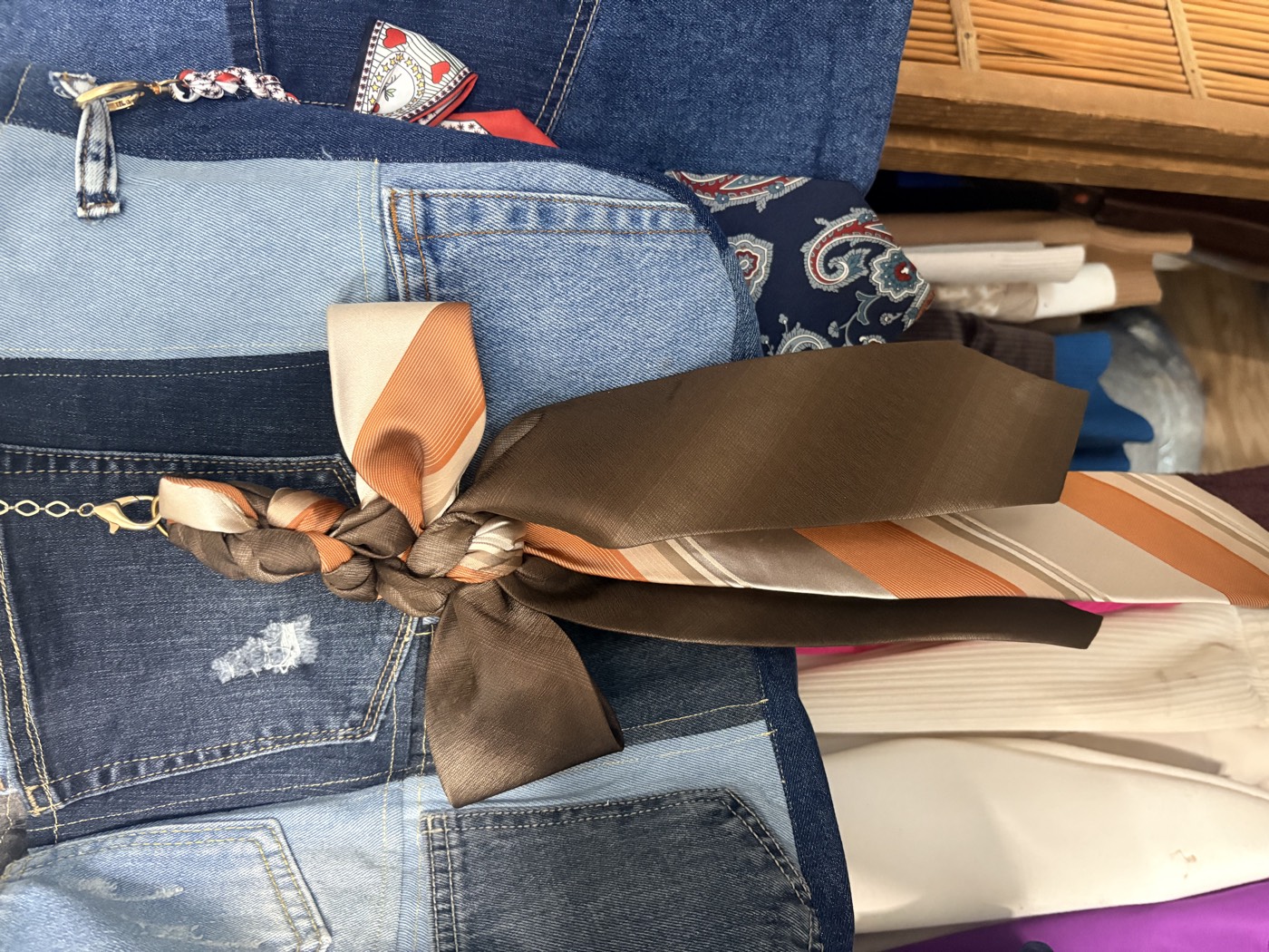 A bag charm made from a knotted brown and copper striped necktie, on a patchwork denim jacket.